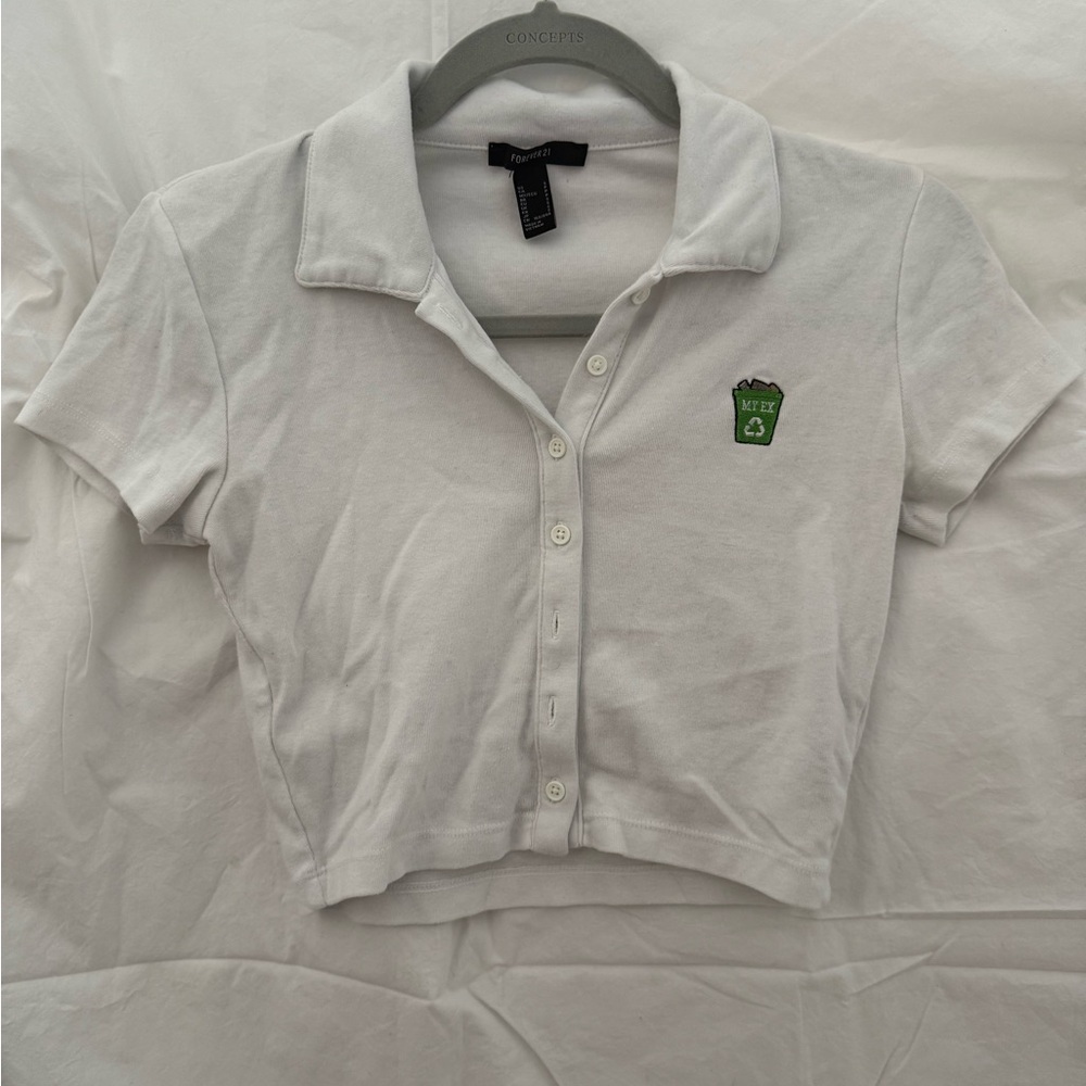 Forever 21 White Polo with Green Accent